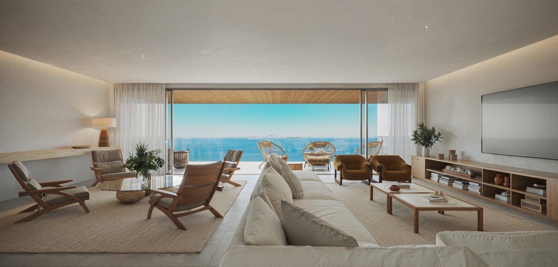 Living com vista para o mar integrado à varanda do apartamento na Vieira Souto